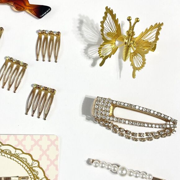 Vtg Retro Gold Tone Hair Barrettes Pins Combs Clip Rhinestone Butterfly Flower - Picture 4 of 14